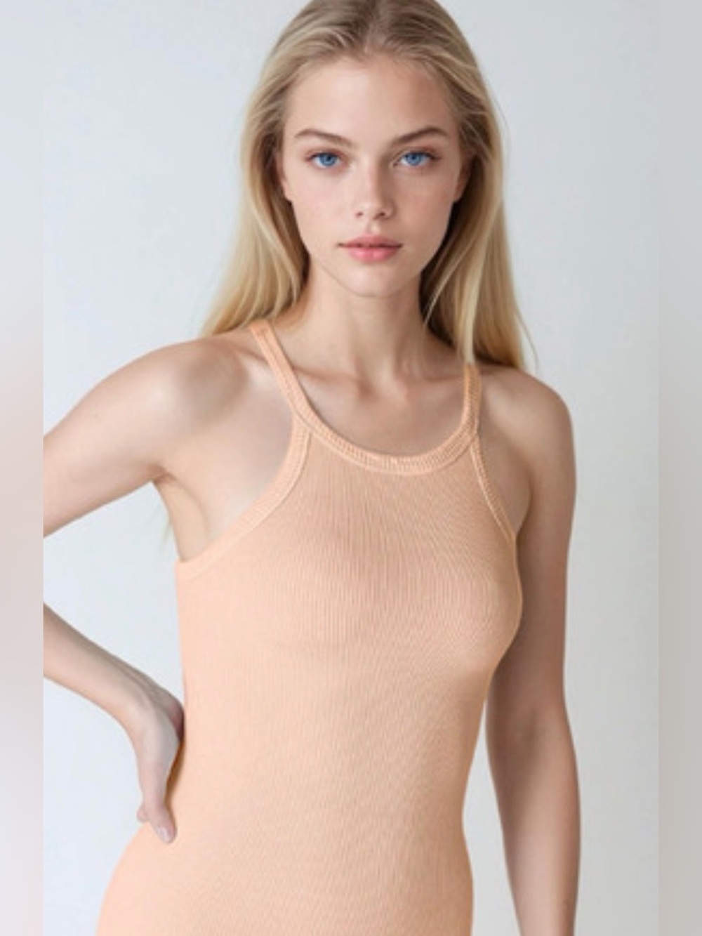 Nikibiki Ribbed High Neck Tank Top Apricot One Size Seamless Stretch